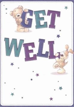 Evoking the leafy calm of Lee's neighbourhood lanes, this beautifully illustrated get well card radiates a comforting blend of warmth, hope, and innocence. Centered on the card are two playful companions: a soft, cuddly bear and an endearing puppy with long, floppy ears, their cheerful energy lighting up the scene. The bear perches lovingly atop the impactful word 'GET,' his fur crafted with gentle, textured brushwork capturing a sense of plushness, while the puppy, full of pep, snuggles into the boldness of 'WELL' below. Vivid shades of purple and teal shape the oversized lettering, making each word stand out much like local bluebells or hydrangeas in full spring bloom around Lee Green. Scattered stars shimmer in an array of twilight blues and royal purples, sprinkling the card with bright spots of possibility and encouragement. The white backdrop is clean and soft, echoing the clarity sought by anyone in need of recovery, as well as the careful purity found in expertly arranged bouquets from Lee's local flower shops. The textural contrast-soft illustrated fur against crisp card stock-creates a sense of cherished comfort, and the gentle, playful mood is thoughtfully curated. Just as a Lee florist arranges each petal to brighten a customer's day, every artistic detail in this card serves to uplift, making it a perfect complement to a bouquet sent to a loved one on the mend in Lee's caring community.