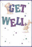 Overflowing with playful warmth, this get well card features two lovable characters-a cuddly bear and a joyful puppy-who seem to inhabit the lighthearted heart of Lee. Against a serene cream-white background, they balance and embrace the oversized, vibrant letters that announce 'Get Well': the bear's soft, brushed fur nestling atop 'GET,' and the puppy's velvety floppy ears playfully framing 'WELL.' The typography springs to life in bold shades of indigo and teal, echoing the fresh, invigorating tones of Lee's flower markets in spring. Sprinkled stars in luminous blues and purples break across the scene, adding a flash of magic and a sense of possibility found in sending well wishes. The gently expressive faces of the bear and puppy suggest genuine kindness and support, almost as if their embrace could transmit comfort through the card itself. The scene feels as tactile as a bouquet expertly composed by a local Lee florist-each illustrated strand of fur as lovingly rendered as a petal placed by hand. There's a distinct sense of optimism that carries through the entire design, reminiscent of the positive energy found along Lee High Road. With its cheerful vibe and caring visual details, this card offers much more than a simple greeting-it delivers a heartfelt wish for recovery and brightness, as unique and uplifting as a blossom brought to someone's bedside.